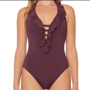 BLEU Rod Beattie Purple Strappy Ruffle Halter One Piece Swimsuit Size 6 Boho